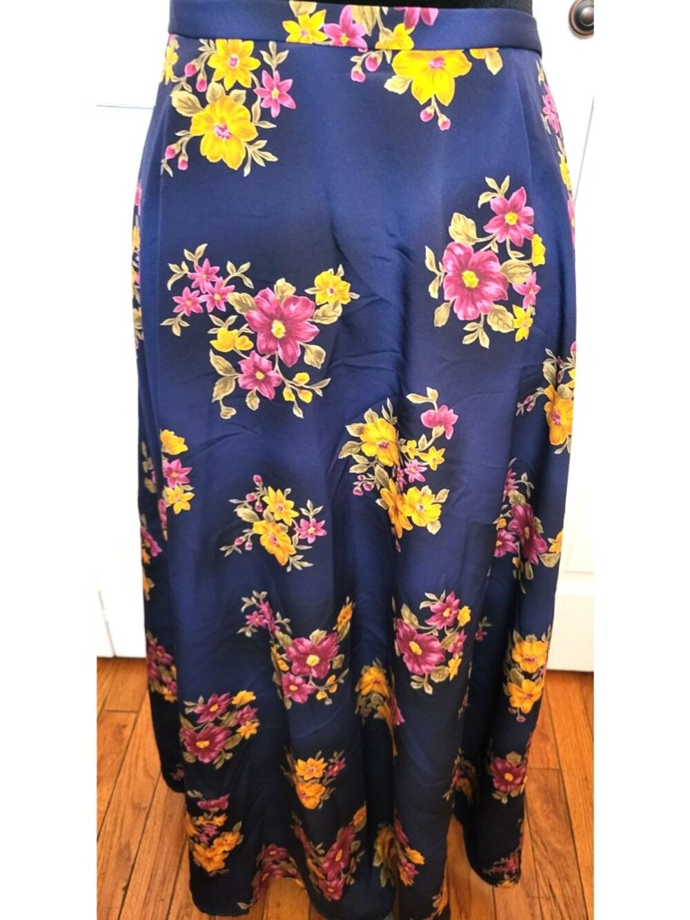 Vintage 90s Villager Navy Gold Floral Maxi Skirt 12 Elastic Cottage Whimsygoth